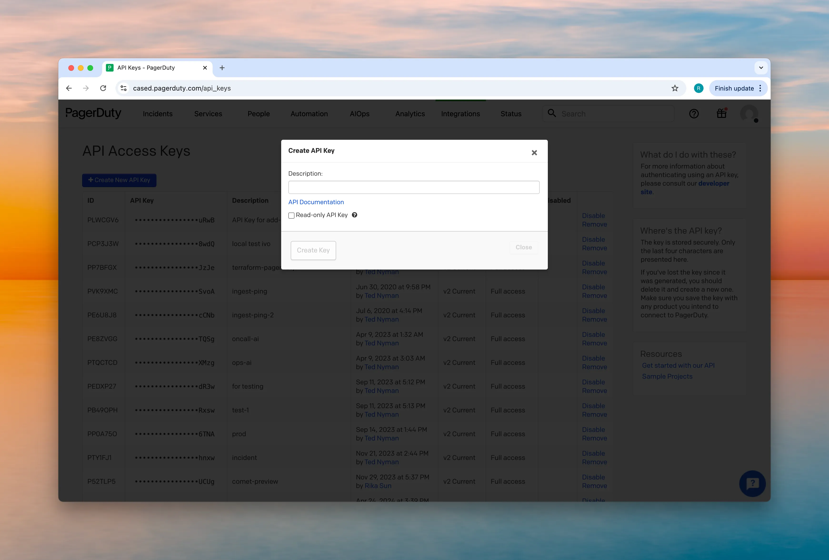 PagerDuty API Key Creation